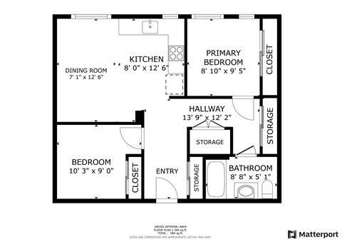 Floor plan for 2 beds, 1 bath, 660 sqft